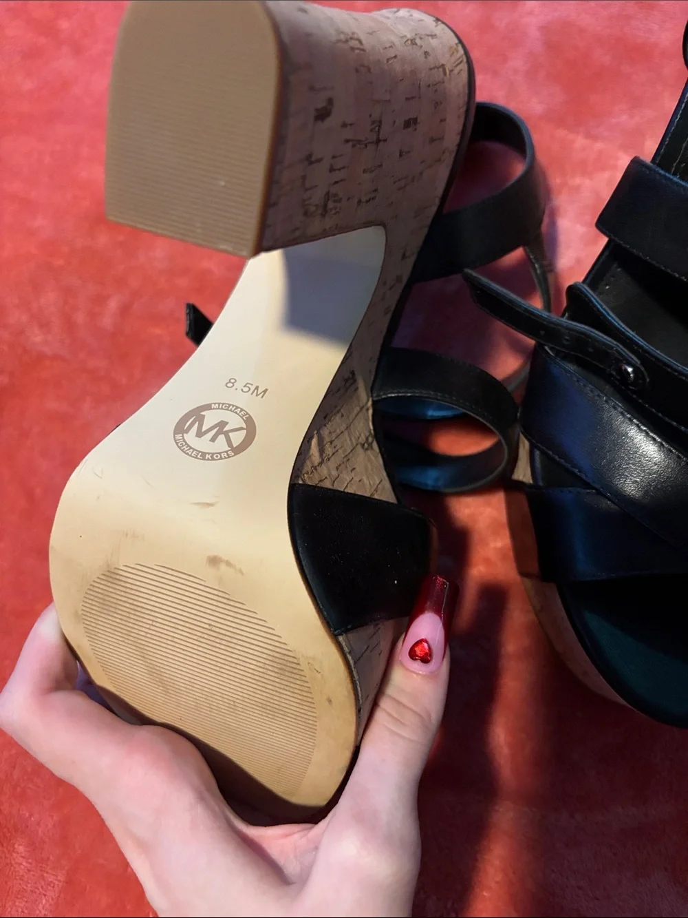 Michael Kors Black Leather Cork Platform Wedge Sandals